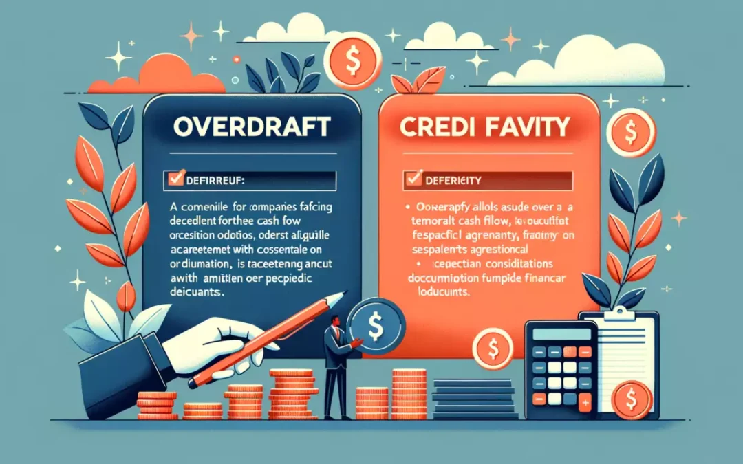 Illustration colorée comparant facilité de caisse et découvert pour gestion trésorerie d’entreprise.