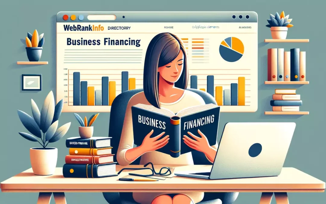 Femme lisant sur le financement d'entreprise avec graphiques, livres et ordinateur.