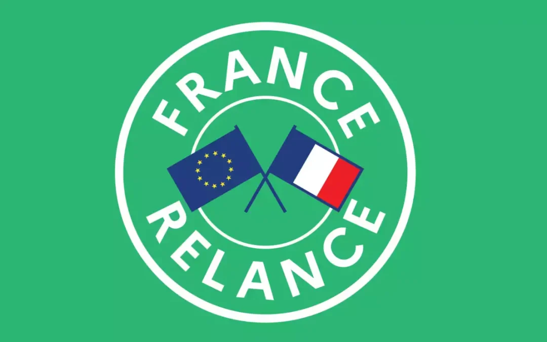 "Logo France Relance avec drapeaux Europe et France, soutien économique aux PME et ETI."