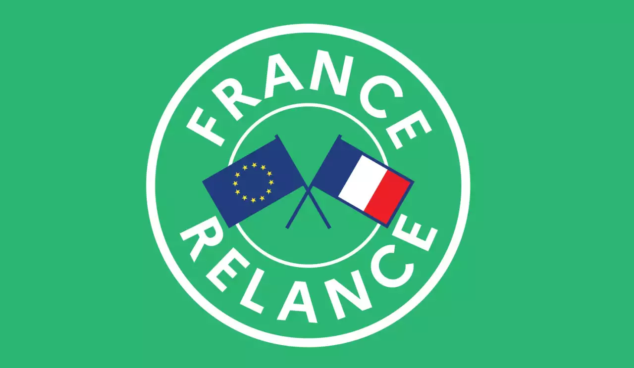 "Logo France Relance avec drapeaux Europe et France, soutien économique aux PME et ETI."