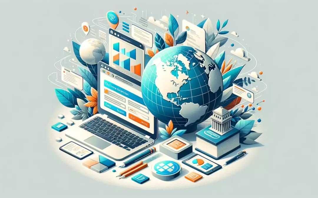 Ordinateur et globe illustrant la création d'entreprise en ligne avec Statutsonline.